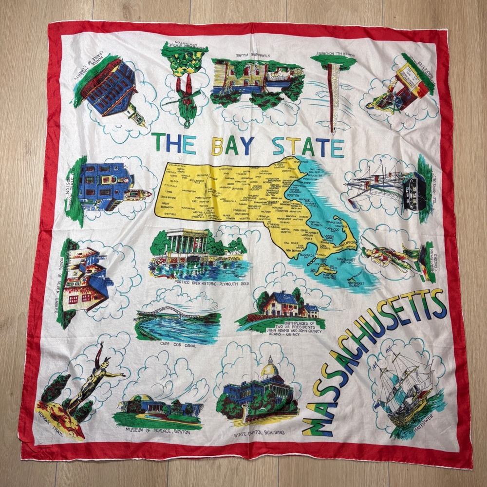Vintage Massachusetts Bay State Souvenir Scarf Rayon Hand Rolled Japan Landmarks